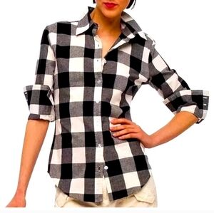 Norma Kamali 100% Cotton Black/White Plaid Long Sleeve Button-Up Shirt Size XL